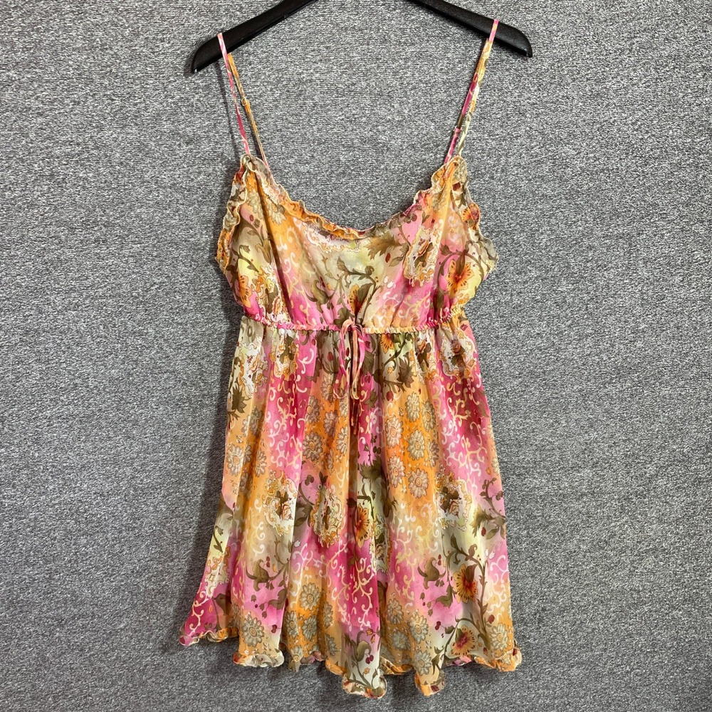 Vintage Victorias Secret Babydoll Chemise Pink Orange Floral Paisley Ruffle L
